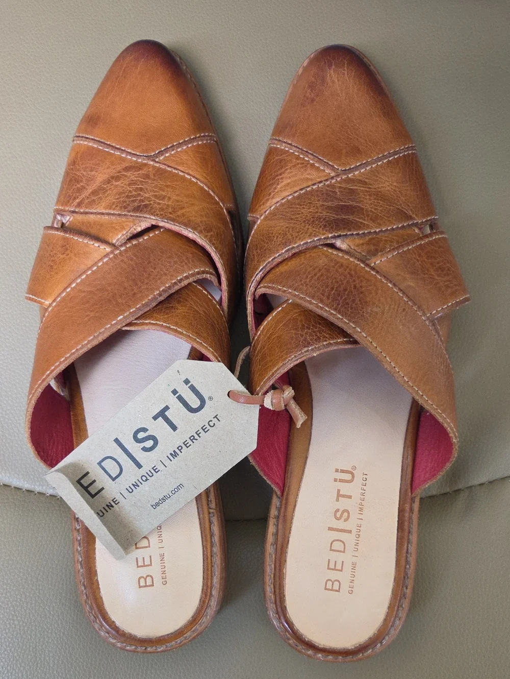 BED|STU Women’s Cognac Brown Woven Leather Slide Sandal